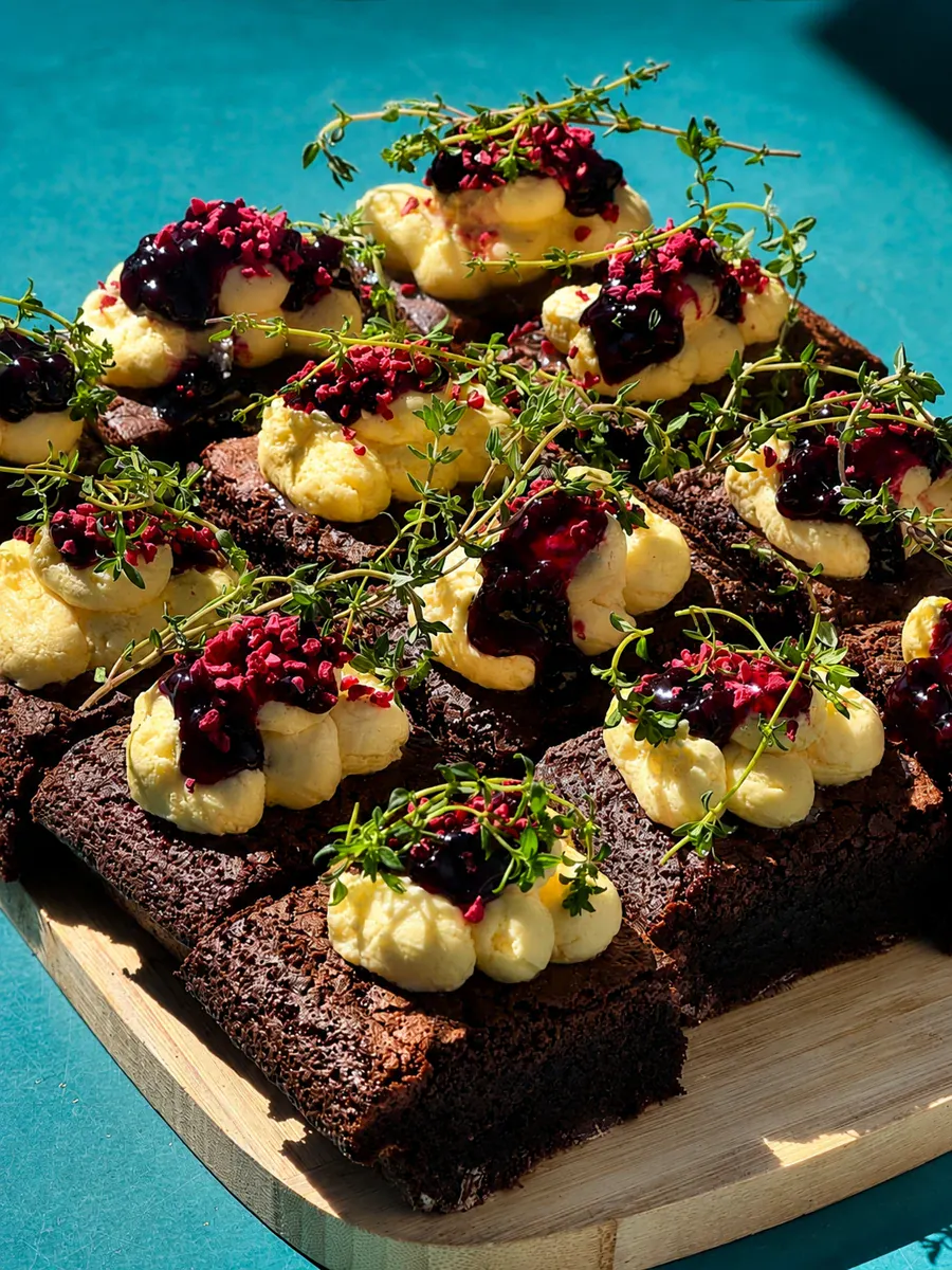 Chocolate brownies topped with cream and berries at Not typical