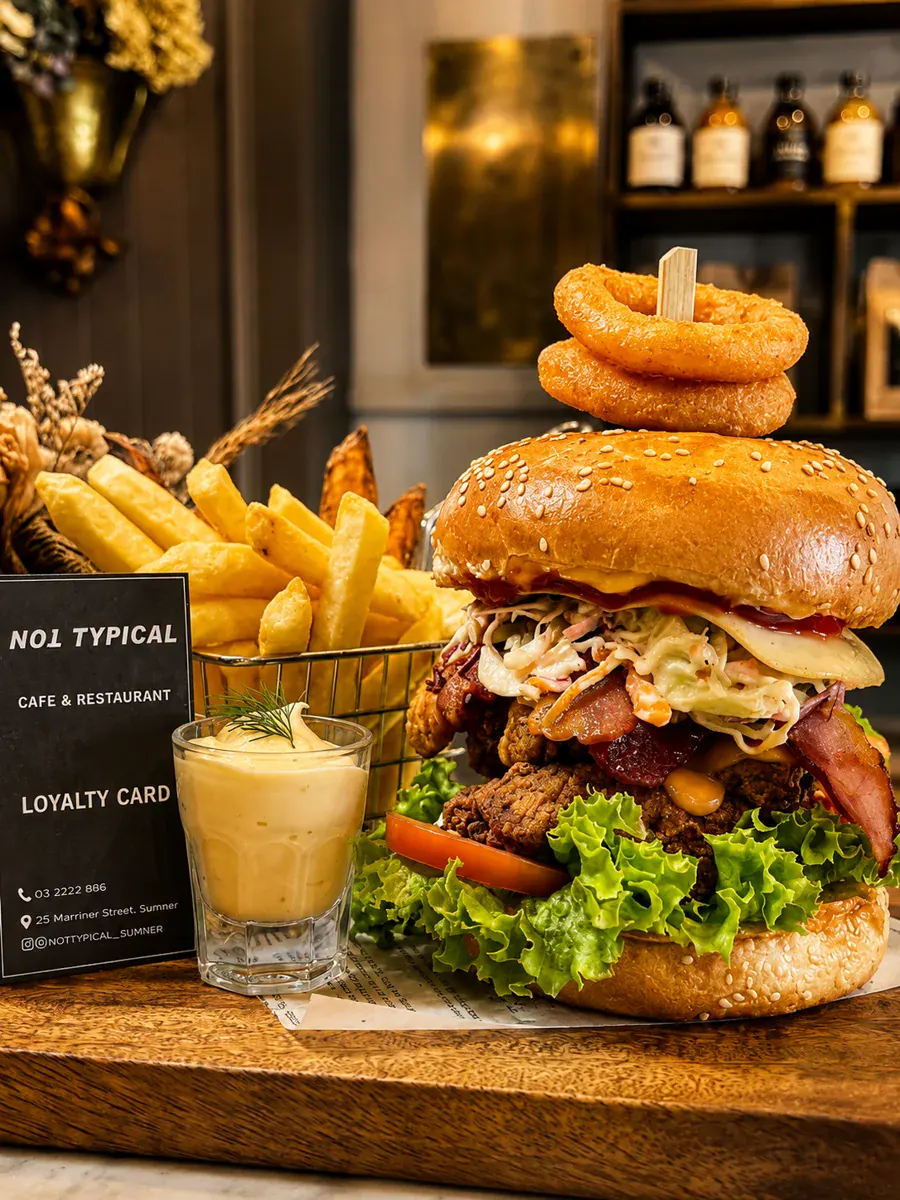 Stacked burger with fries and onion rings at Not typical