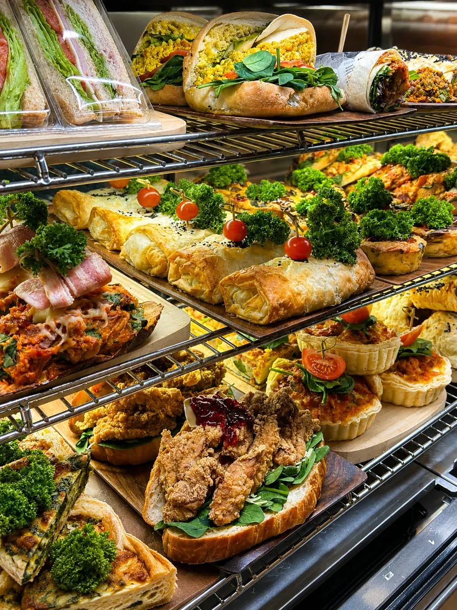 Filled cabinet of sandwiches, pastries and savoury food at Not typical